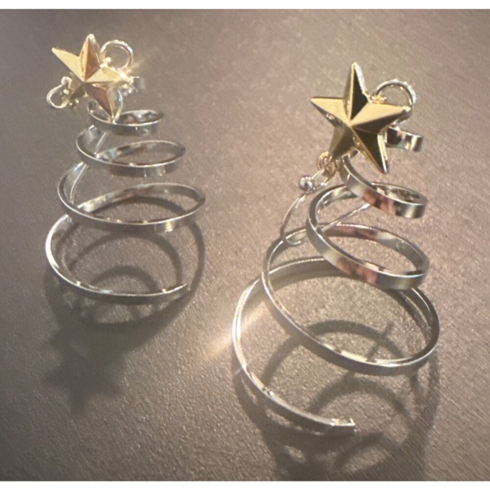 Silver Christmas Tree Spiral Earrings With Gold Star - Picture 3 of 4